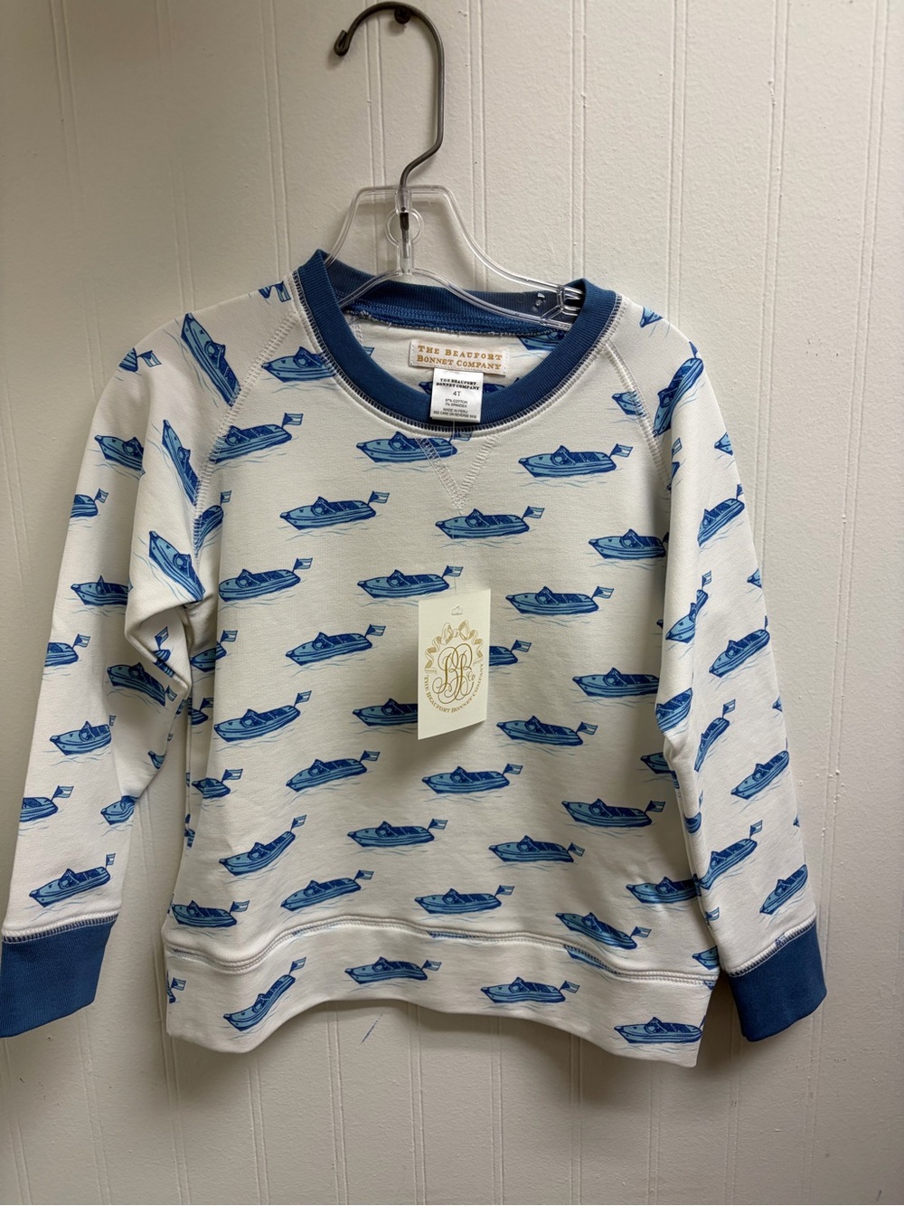The Beaufort Bonnet Company White Sweatshirt with Blue Boat Print